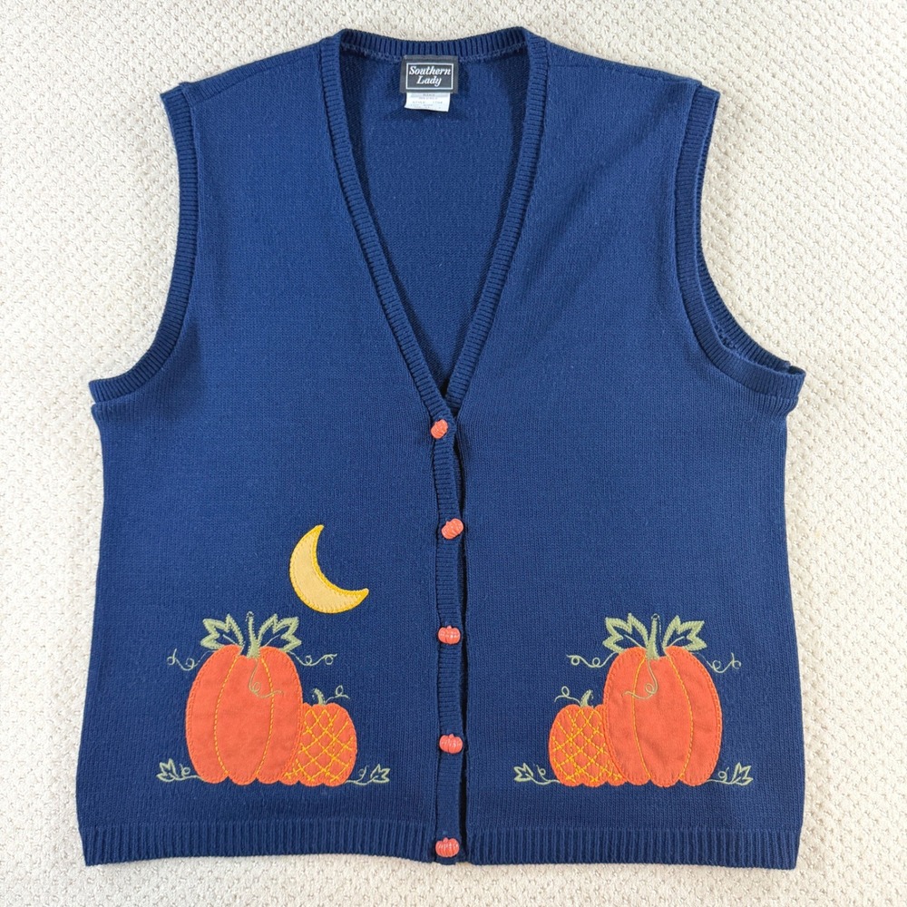 Vintage Pumpkin Sweater Vest Sz XL Moon V-Neck Cardigan Teacher Cottage Novelty